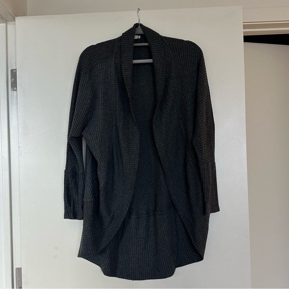 Dark gray cardigan. Long